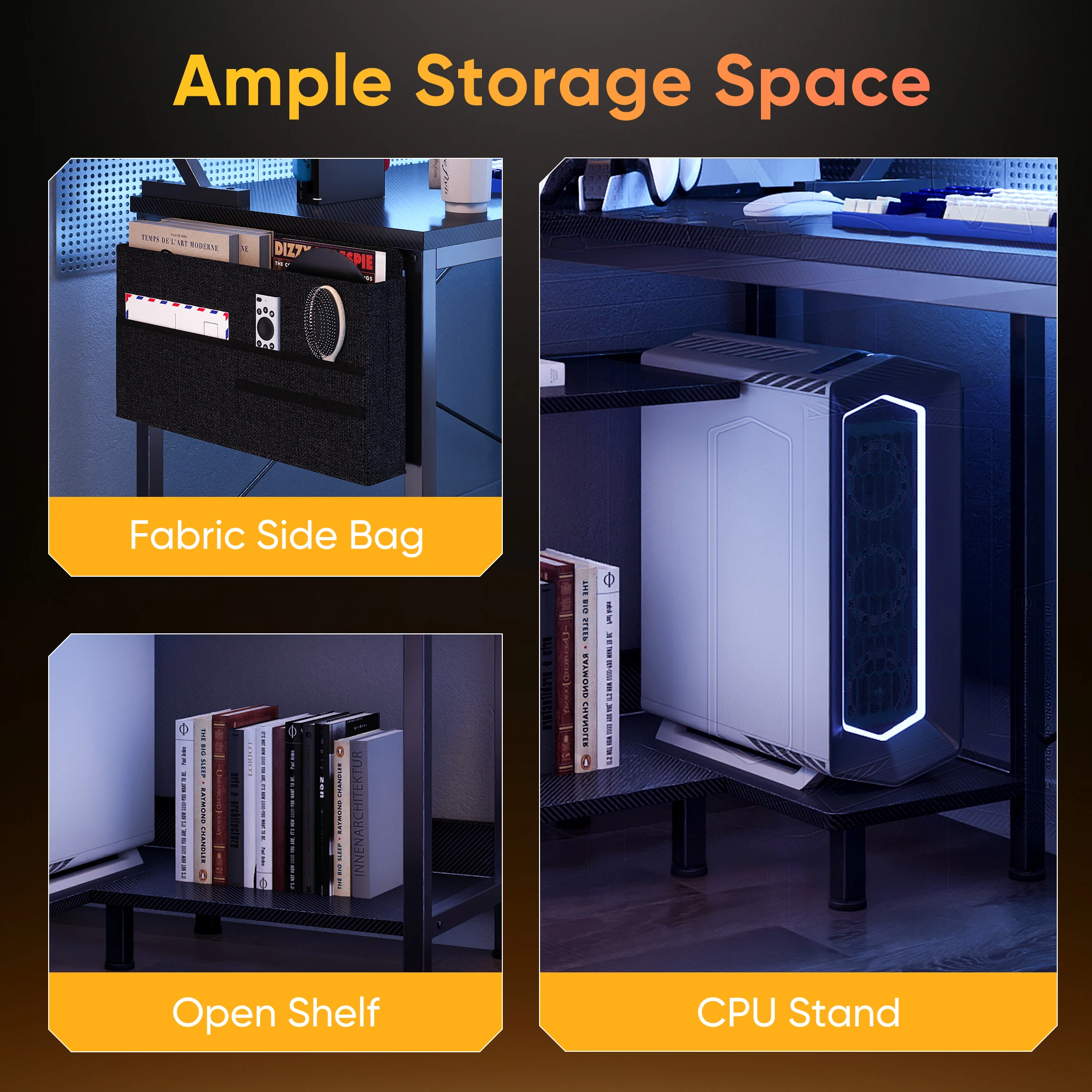 JHK 40IN to 48IN L Shaped with Storage Shelves Computer Desk Gaming Wood Table with USB Charging Ports LED Lights for Office - Image 3
