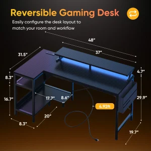 JHK 40IN to 48IN L Shaped with Storage Shelves Computer Desk Gaming Wood Table with USB Charging Ports LED Lights for Office - Thumbnail Image 2