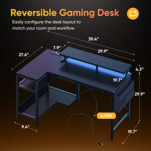 JHK 40IN to 48IN L Shaped with Storage Shelves Computer Desk Gaming Wood Table with USB Charging Ports LED Lights for Office - Thumbnail Image 7