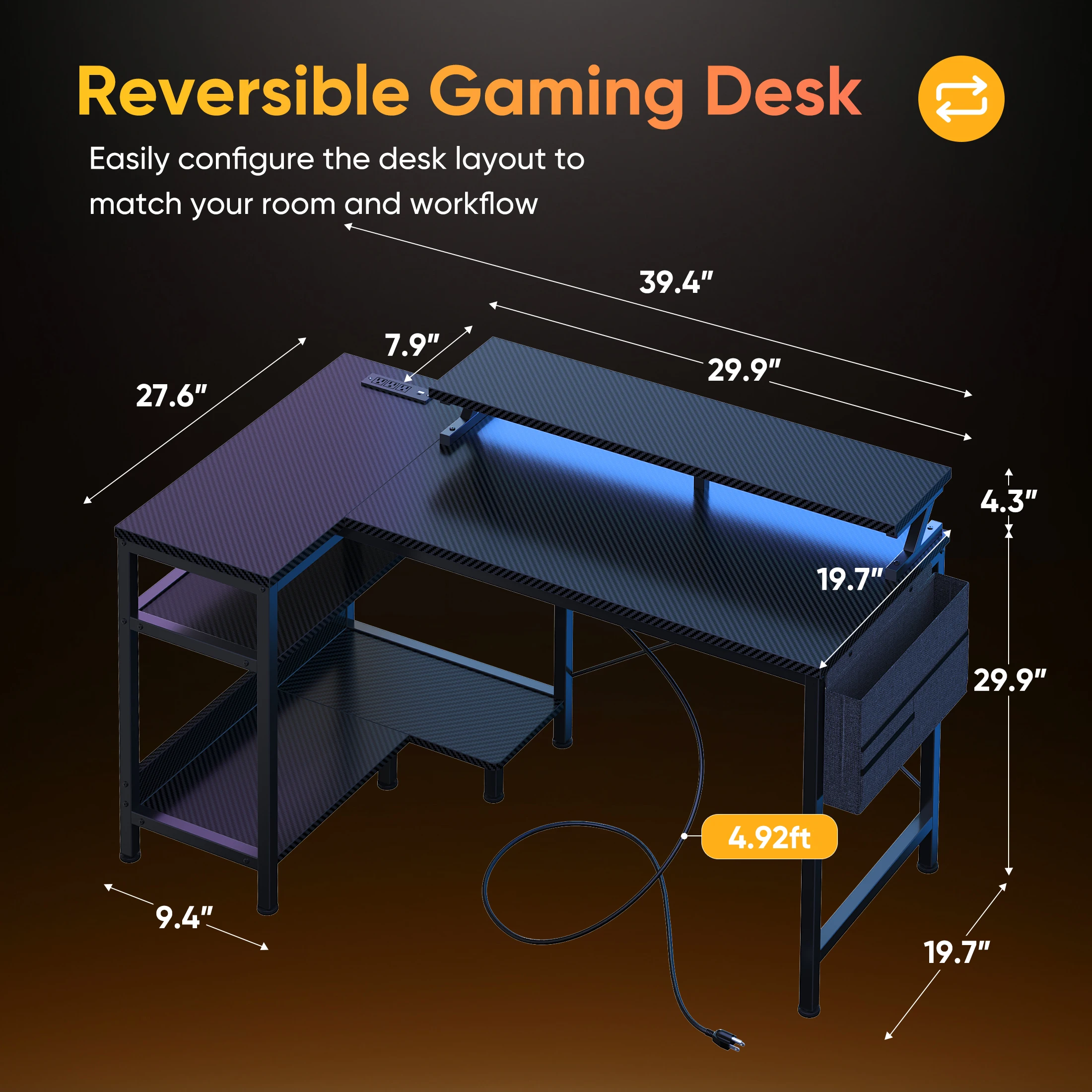 JHK 40IN to 48IN L Shaped with Storage Shelves Computer Desk Gaming Wood Table with USB Charging Ports LED Lights for Office - Image 7