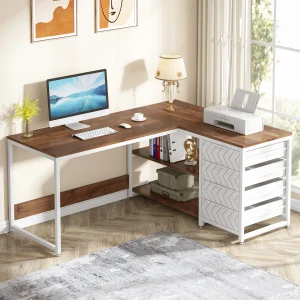 L-Shaped Computer Desk with Drawers and Shelves - Thumbnail Image 3