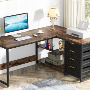 L-Shaped Computer Desk with Drawers and Shelves - Thumbnail Image 2