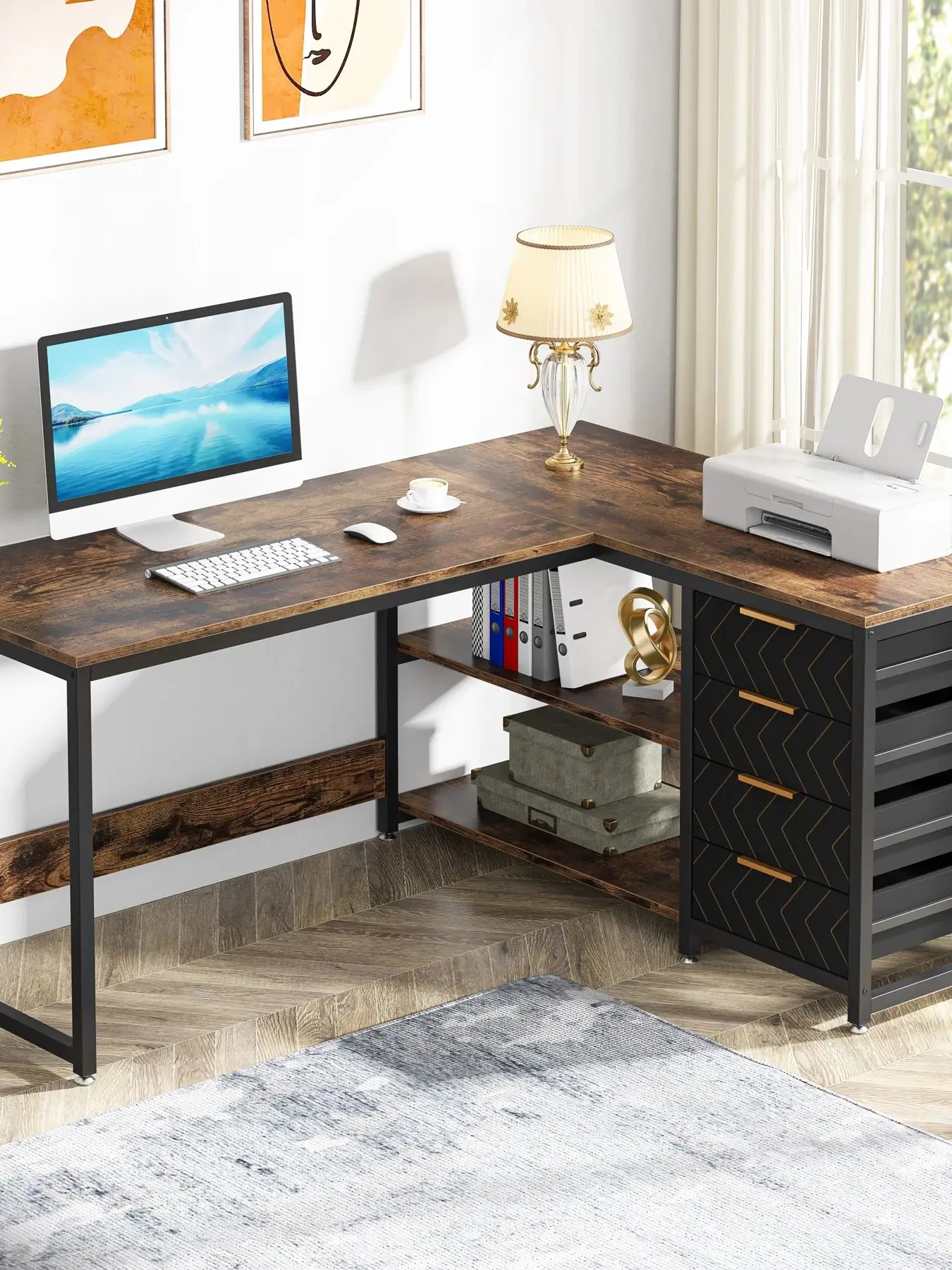 L-Shaped Computer Desk with Drawers and Shelves - Image 2