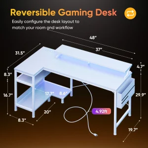 JHK 40IN to 48IN L Shaped with Storage Shelves Computer Desk Gaming Wood Table with USB Charging Ports LED Lights for Office - Thumbnail Image 9