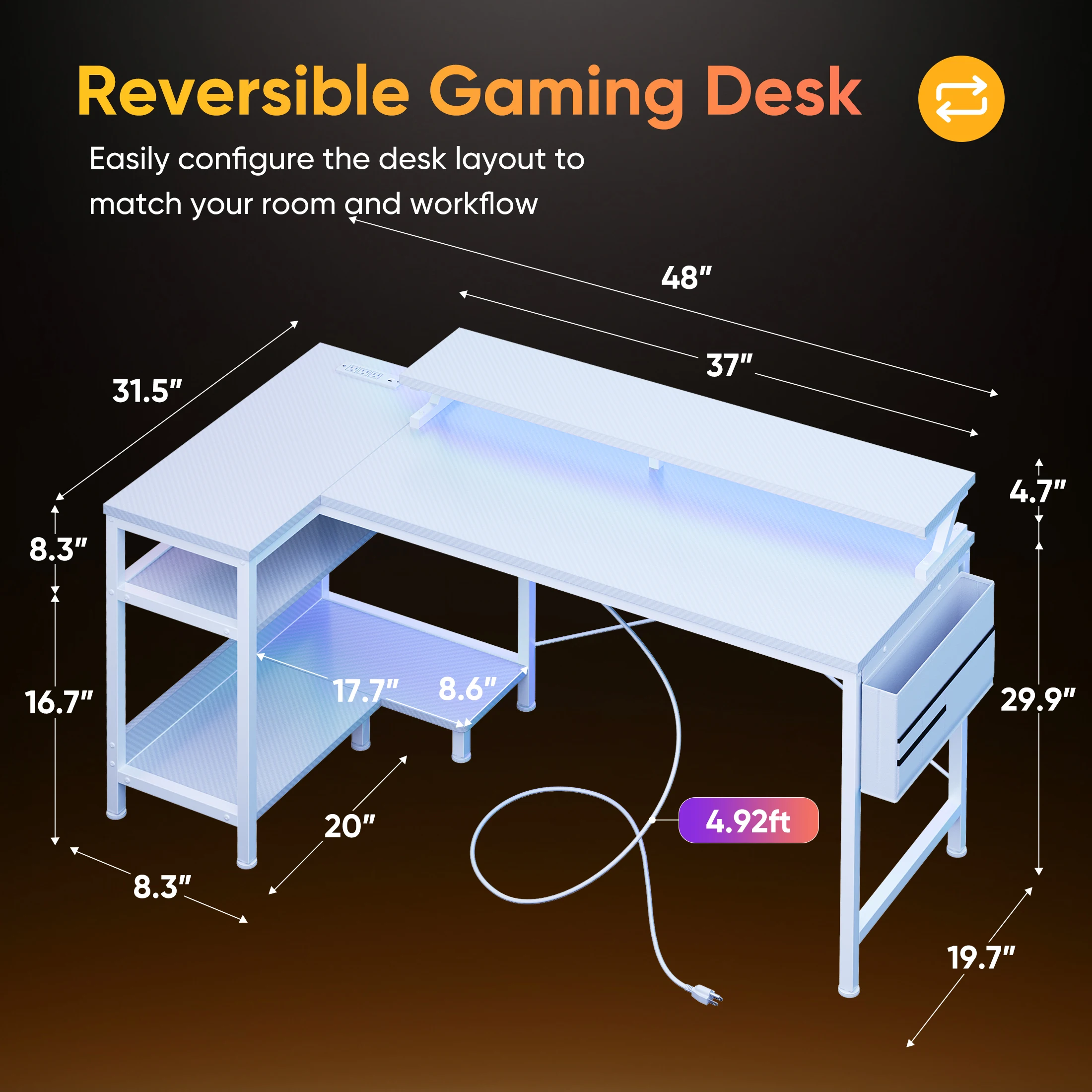 JHK 40IN to 48IN L Shaped with Storage Shelves Computer Desk Gaming Wood Table with USB Charging Ports LED Lights for Office - Image 9