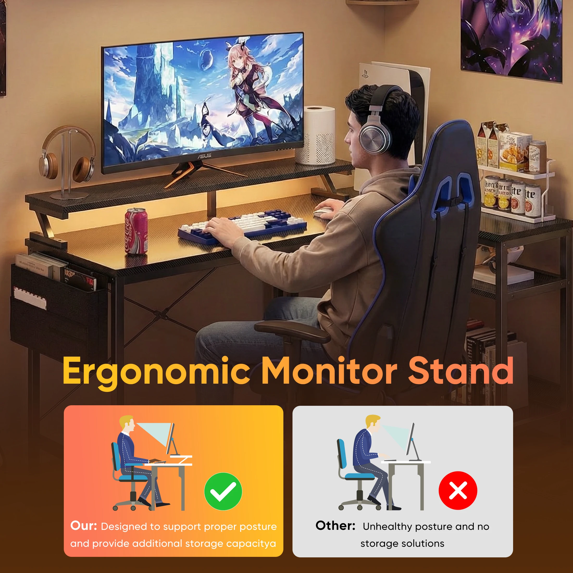 JHK 40IN to 48IN L Shaped with Storage Shelves Computer Desk Gaming Wood Table with USB Charging Ports LED Lights for Office - Image 4