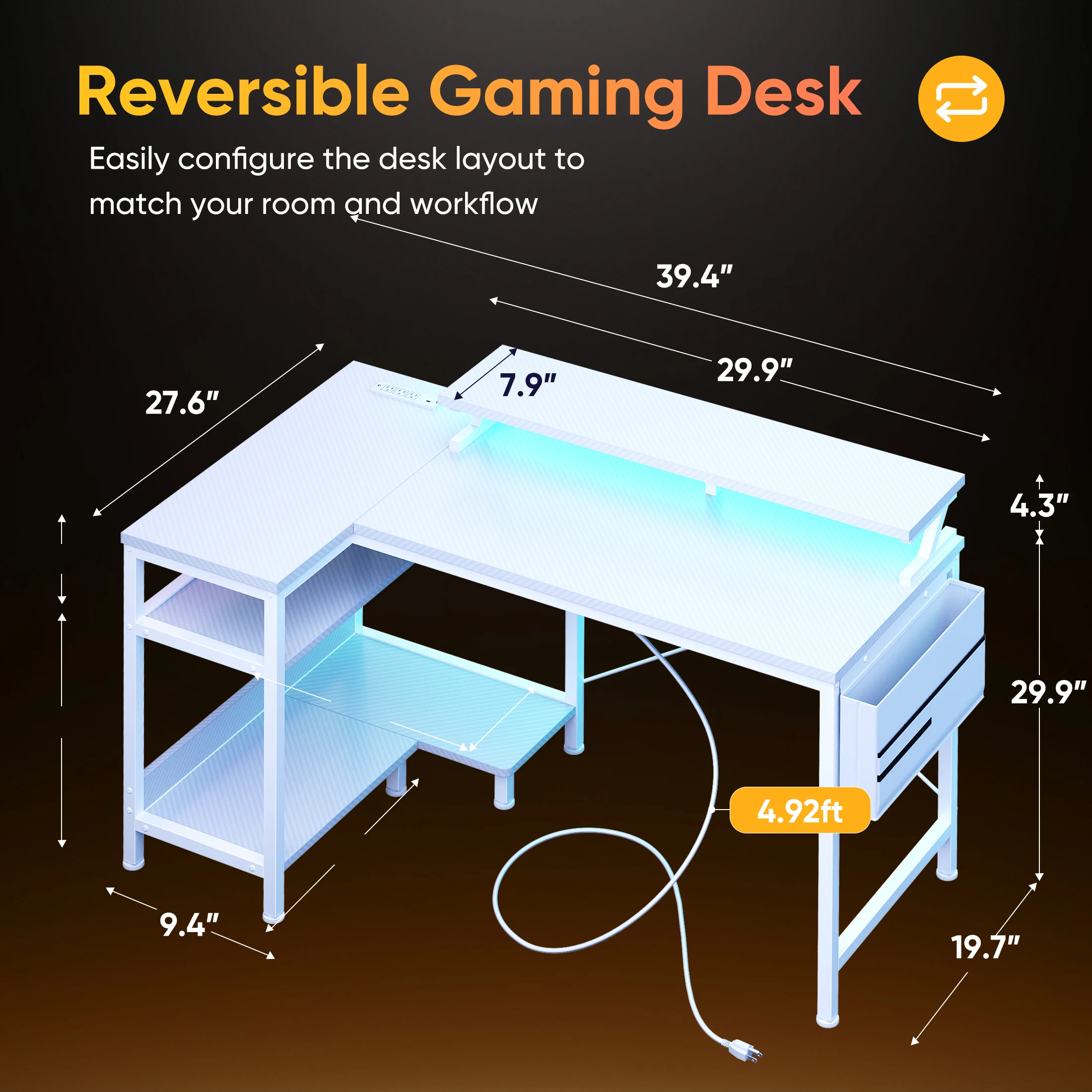 JHK 40IN to 48IN L Shaped with Storage Shelves Computer Desk Gaming Wood Table with USB Charging Ports LED Lights for Office - Image 8