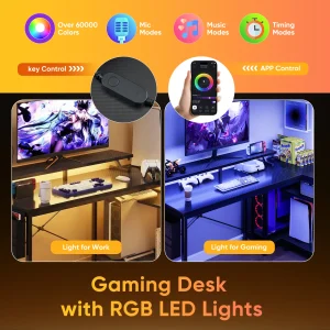 JHK 40IN to 48IN L Shaped with Storage Shelves Computer Desk Gaming Wood Table with USB Charging Ports LED Lights for Office - Thumbnail Image 6