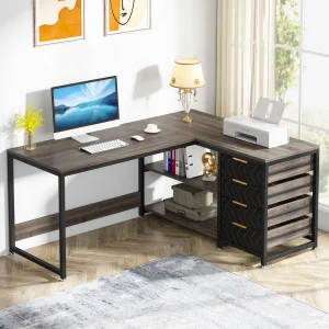 L-Shaped Computer Desk with Drawers and Shelves