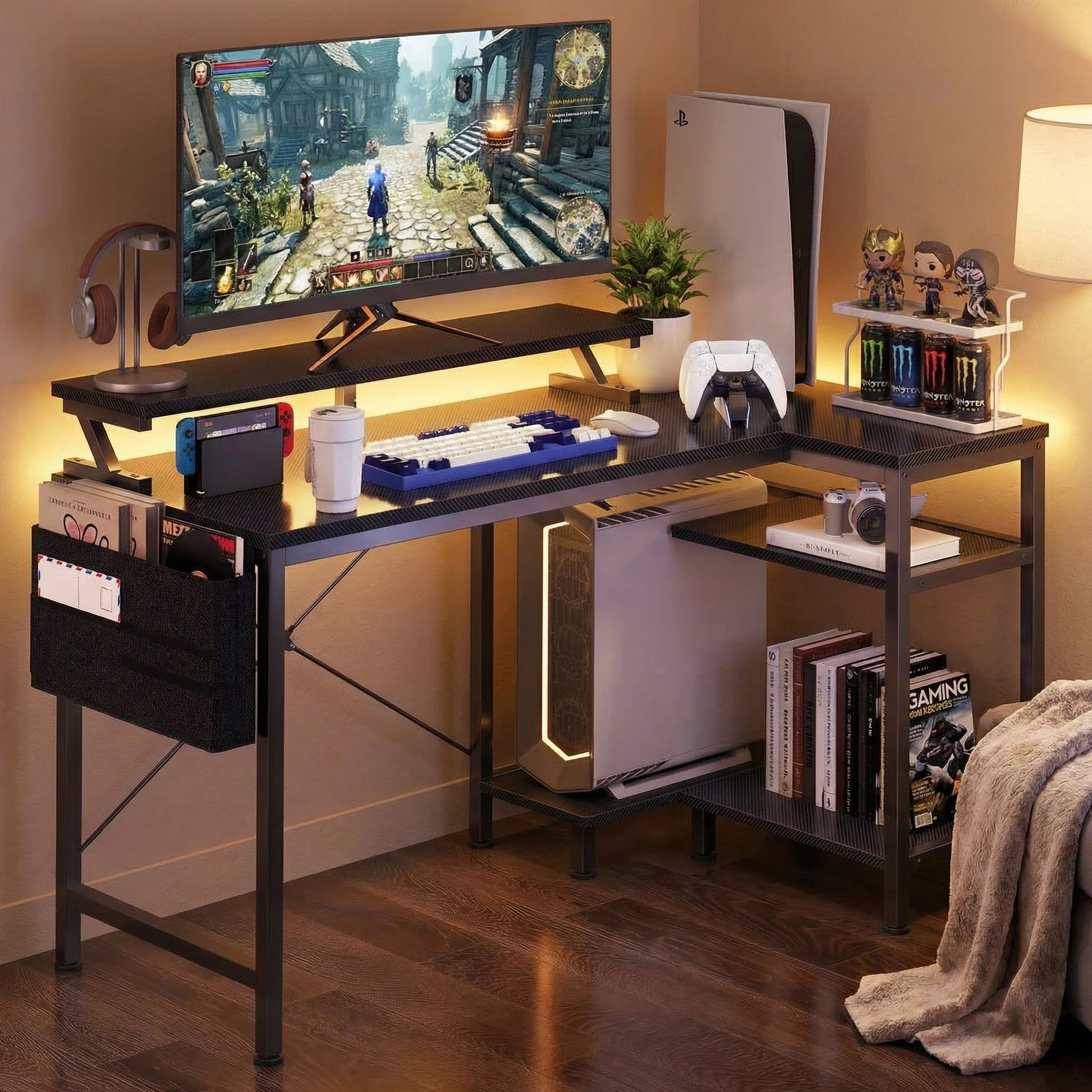 JHK 40IN to 48IN L Shaped with Storage Shelves Computer Desk Gaming Wood Table with USB Charging Ports LED Lights for Office - Image 1